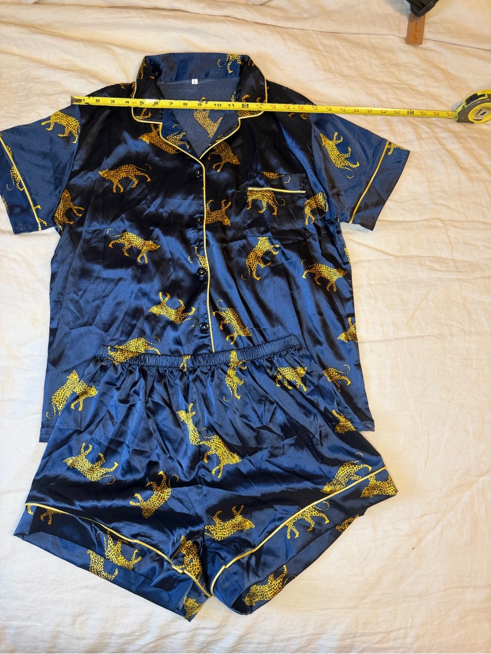 Women’s Satin Navy Blue Pajama Set with Yellow Cheetah Print, M/L